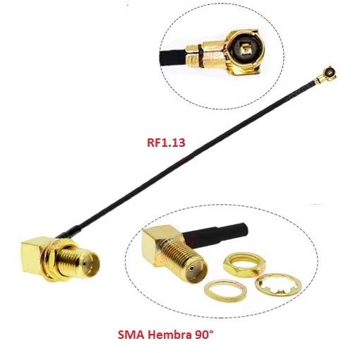 Cable RF IPX a SMA hembra. En ángulo. RF1.13 de 15cm
