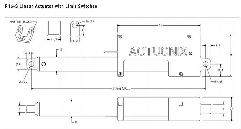 Actuador Lineal P16-S 200mm 12Vdc 300N