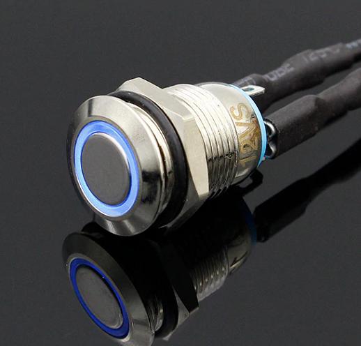 Suiche metálico pulsador momentáneo de 12mm para exterior con iluminación azul 12-24V