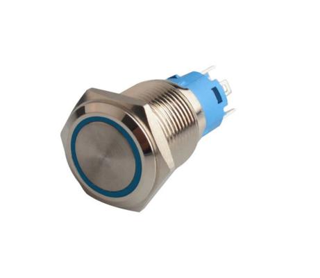Suiche metálico pulsador momentáneo de 16mm para exterior con iluminación azul 5-12V