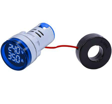 Voltímetro y Amperímetro de 20 a 380VAC 100A para 22mm con transformador-Azul