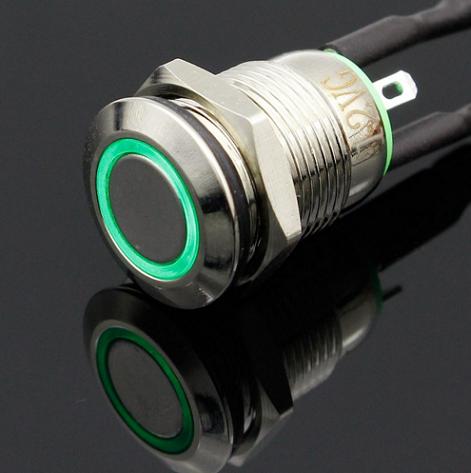 Suiche metálico pulsador momentáneo de 12mm para exterior con iluminación verde 3-6V