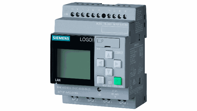 LOGO! 12/24RCE, módulo lógico, displ. FA/E/S: 12/DC 24 V/relé, 8 DI (4 AI)/4 DO, mem. 400 bloques, modularmente ampliable SIEMENS