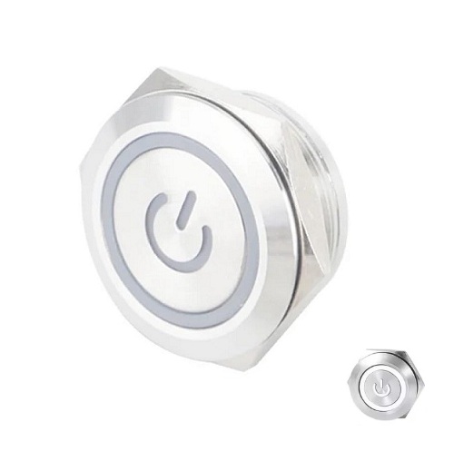 Suiche metálico 12mm para exteriores. Con aro de luz y logo power blanco 12-24V