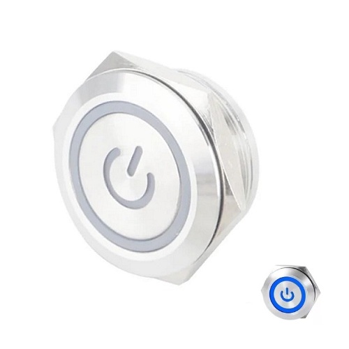 Suiche metálico 12mm para exteriores. Con aro de luz y logo power azul 3-6V