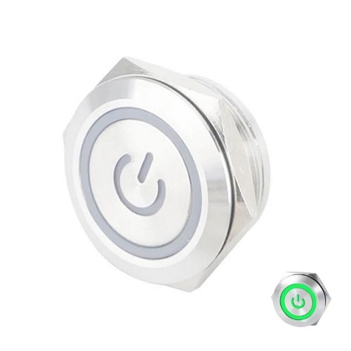 Suiche metálico 12mm para exteriores. Con aro de luz y logo power verde 110-220V