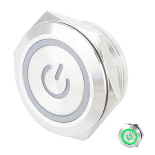 Suiche metálico 19mm para exteriores. Con aro de luz y logo power verde 3-6V