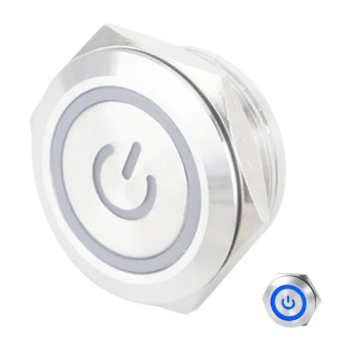 [SW30BP-PWAZ-3-6] Suiche metálico 30mm para exteriores. Con aro de luz y logo power azul 3-6V