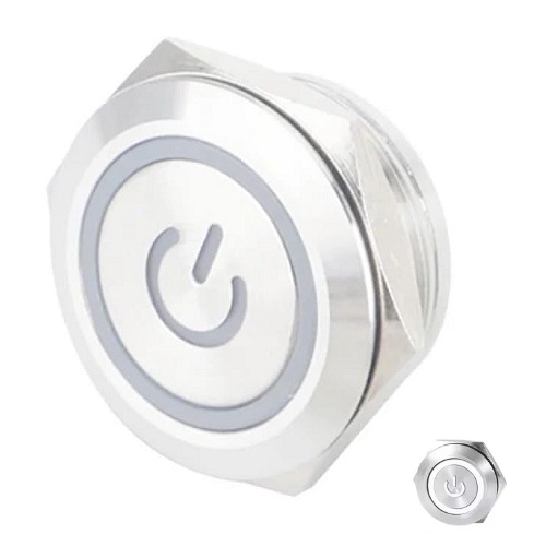 [SW30BP-PWBL-110-220AC] Suiche metálico 30mm para exteriores. Con aro de luz y logo power blanco 110-220V