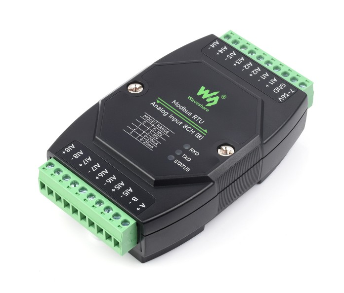 Módulo industrial de adquisición analógica de 8 canales, alta precisión de 12 bits, compatible con adquisición de voltaje y corriente.