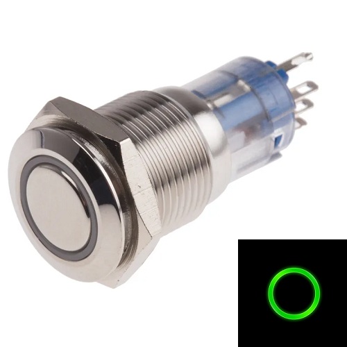[SWM19-VE-3-6V] Botón pulsador metálico momentáneo 19mm. 3-6V, Verde