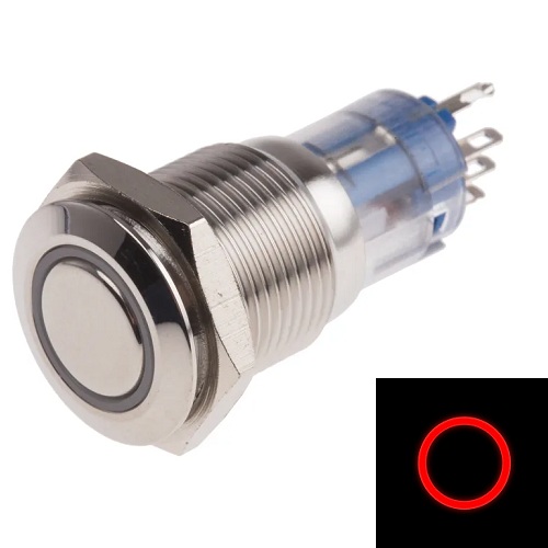 Botón pulsador metálico self-lock 19mm. 3-6V, Rojo