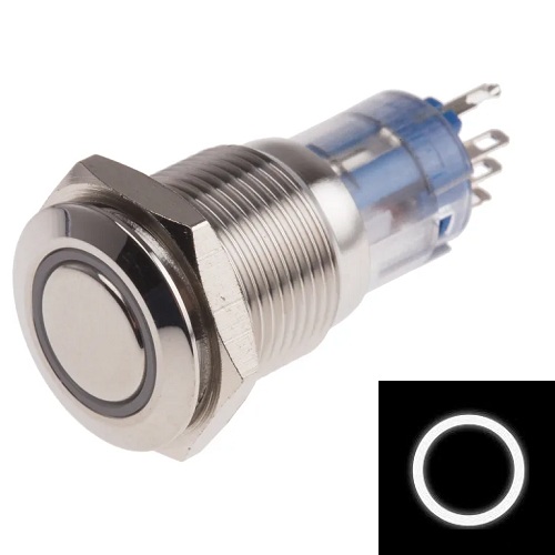 [SWSL19-BL-12-24V] Botón pulsador metálico self-lock 19mm. 12-24V, Blanco