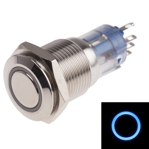 Botón pulsador metálico self-lock 19mm. 12-24V, Azul