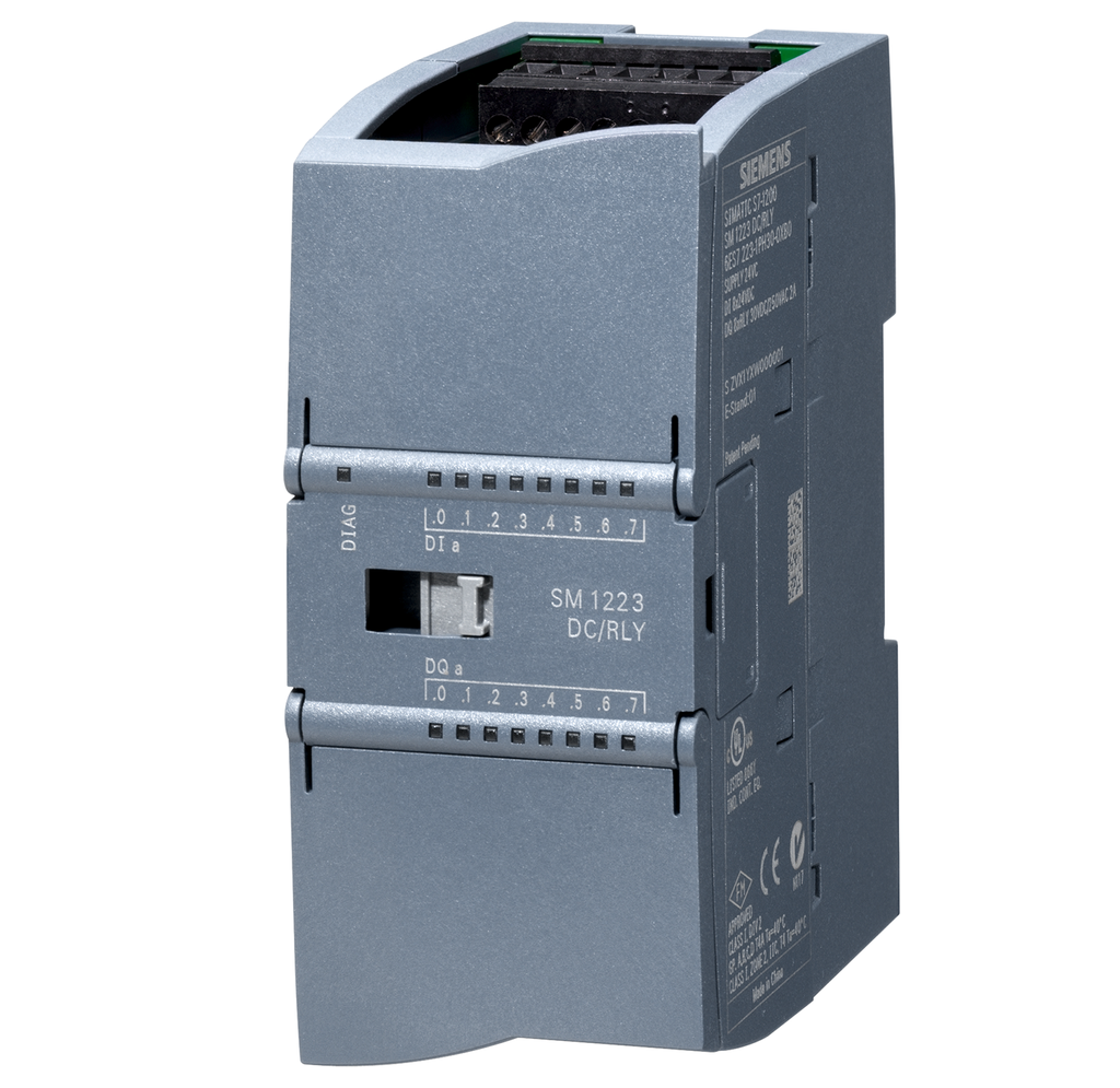 SIMATIC S7-1200, E/S digitales SM 1223, 8 DI/8 DO, 8 DI DC 24V, Sink/Source, 8 DO, relé 2 A