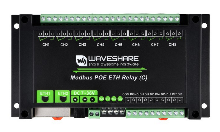 Módulo industrial 8 relés con doble Ethernet, Modbus RTU y PoE