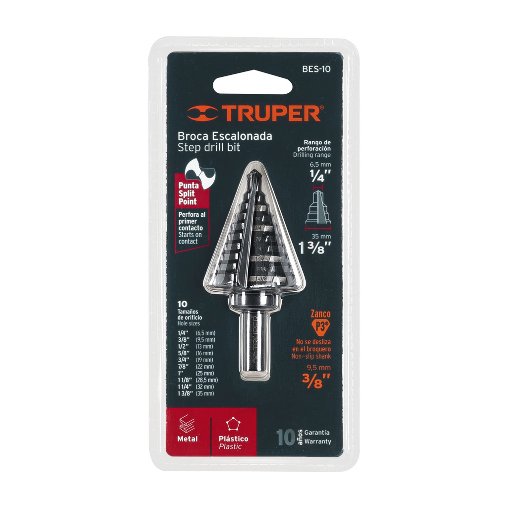 Broca Escalonada 1/4'' a 1.3/8'' de 10 Escalones Óxido Negro TRUPER