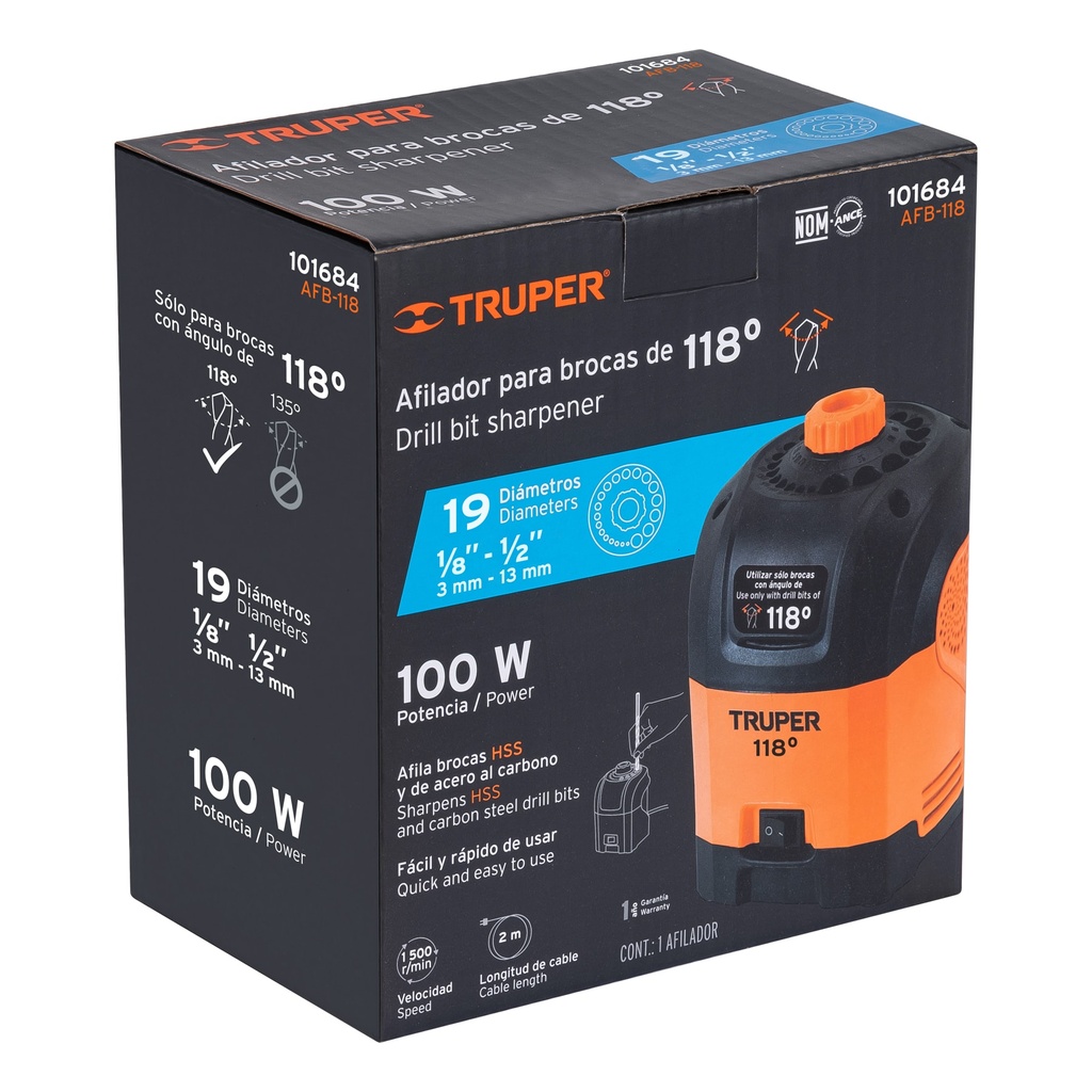 Afilador de brocas eléctrico. 1/8" a 15/32" o 3 mm a 12 mm, 118° Truper (168/1)