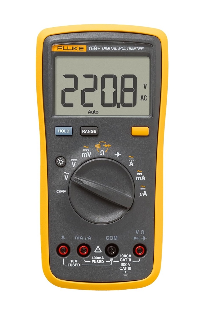 Fluke Multímetro digital 15B+, para aplicaciones eléctricas, mide voltaje CA/CC y mediciones de corriente hasta 1000V y 10A, junto con capacidades de resistencia, continuidad, diodo y capacitancia