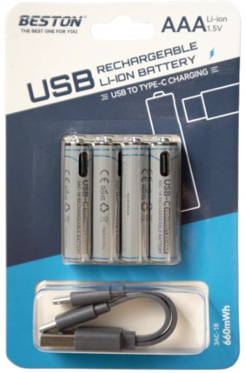 Baterias Li-ion recargables USB-C 3AC-18 AAA*4 660mWh/1.5V/AAA