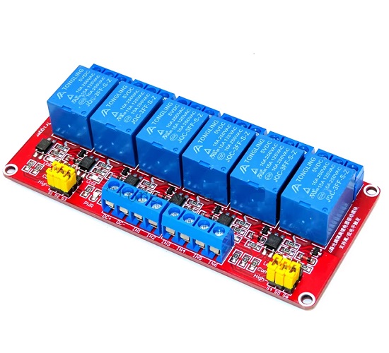 Tarjeta con 6 relés optocoplados 5V. Activación Alto/Bajo