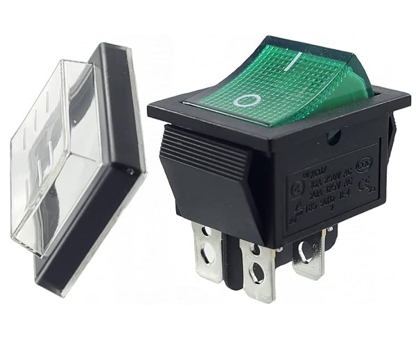 Suiche balancín 4 pines 2 posiciones. Con luz verde y cobertor impermeable