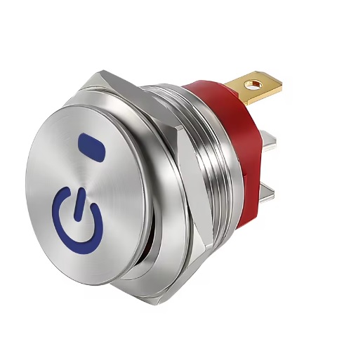 Suiche balancín metálico 3 pines 2 posiciones. Con logo, 12V, 16mm. Azul