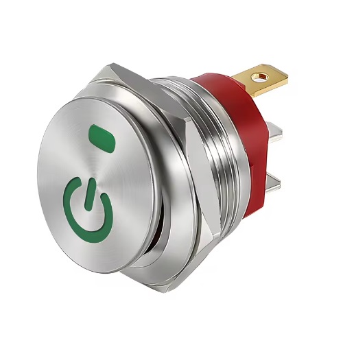 Suiche balancín metálico 3 pines 2 posiciones. Con logo, 12V, 16mm. Verde