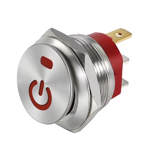 Suiche balancín metálico 3 pines 2 posiciones. Con logo, 12V, 16mm. Rojo